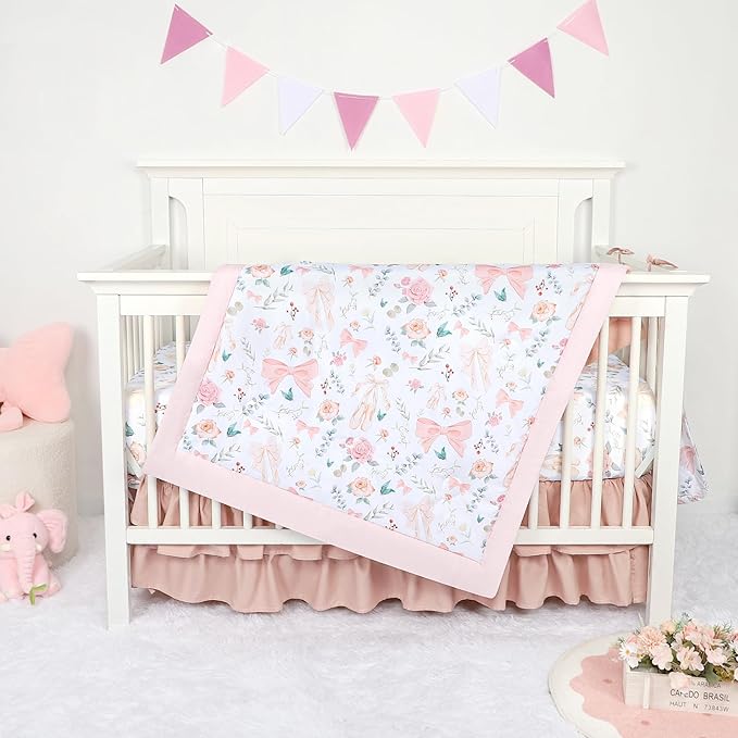 GFU Crib Bedding Set for Girls 4-Piece, Bow Baby Girl Crib Bedding Set Pink Flowes, Nursery Sets Includes Comforter, Fitted Crib Sheet, Crib Skirt, and Diaper Stacker