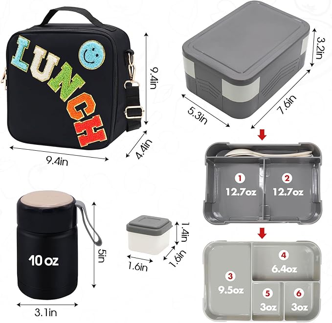 Insulated Lunch Bag for Boys Girls with 10oz Thermo, with 6 Compartment Bento Box, Black Nylon Preppy Lunch Box Adjustable Strap for Boy Girl Kids Teens School Travel Picnic