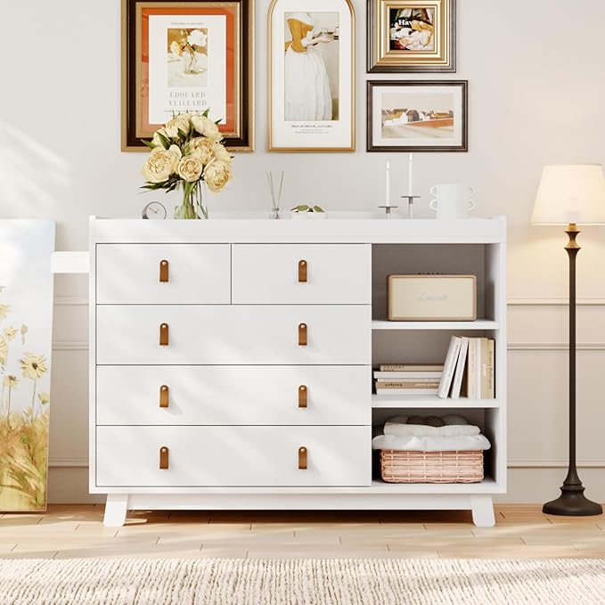 Baby Dresser with Changing Table Top, Baby Changing Table Dresser with 5 Drawers and Adjustable Shelves, Multi-Functional Diaper Changing Station, Nursery Organizer for Kids Bedroom, White