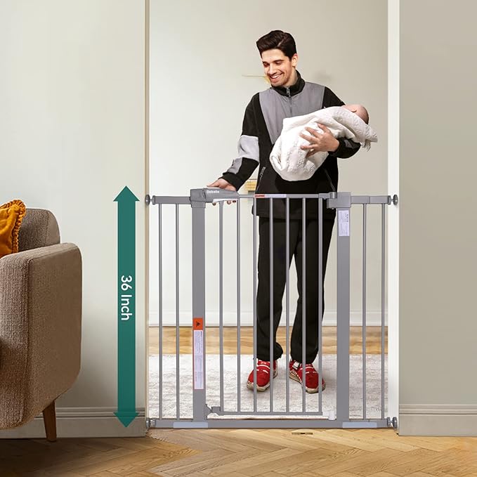 BABELIO 36-Inch Tall Baby Gate, 26-40" Wide Auto-Close Pet Gate, Easy Install and No-Drilling, Pressure Mounted with Wall Protectors and Extension Kits, Gray