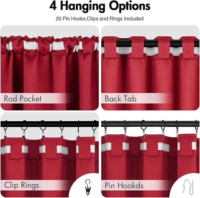 ANRODUO Back Tab Blackout Curtains for Bedroom Living Room, Rod Pocket Pinch Pleated Thermal Insulated Room Darkening Curtains 54 Inches Long 2 Panels, Red, 42 x 54 Inch