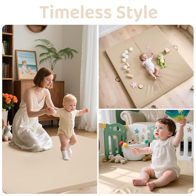 Bella’s Friends Foldable Baby Play Mat for Floor, 50"x50" Vegan Leather Playpen Mat, 1.2" Extra Thick Foam, Non-Toxic, Wipe-Clean, Travel-Ready, Non-Slip Crawling Mat for Kids Toddlers&Infants, Beige