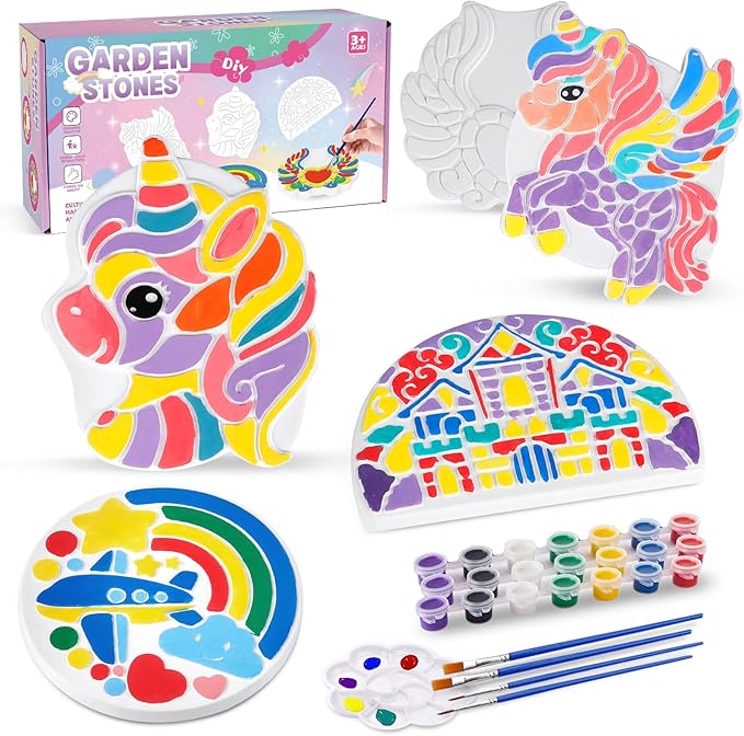 IFLOVE Paint Your Own Stepping Stones for Kids Craft Kits,Arts and Crafts for Kids Ages 4-8,5 Pack Painting Crafts for Girls Ages 8-12,Outdoor Toys Art Supplies Toddler Birthday Gift (Unicorn)