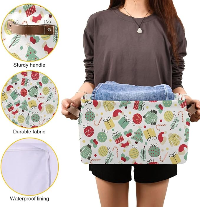 Christmas Storage Basket Tree Candy Canes Socks and Gift Storage Bins Organizer Bag Collapsible Closet Shelf Baskets Cube with handle for Baby Cloth Pet Toy Book 14.2×10.2×8.3 IN