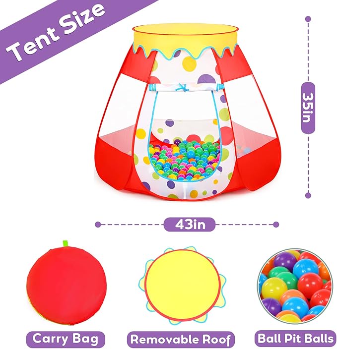 Baby Ball Pit for Toddler with 50 Balls, Kids Pop Up Play Tent for Girls, Princess Toys for Children Indoor & Outdoor Playhouse with Carry Bag (Red: 7 Bright Colors, 109x90cm/50 Balls)