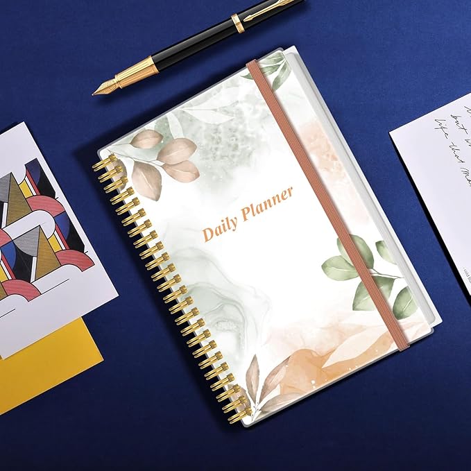 Daily Planner Undated - A5 To Do List Notebook Hourly Schedules, Spiral Appointment Planner for Women and Men, PVC Hardcover, Inner Pocket, Elastic Closure, 5.8" x 8.3", Rose Leaf