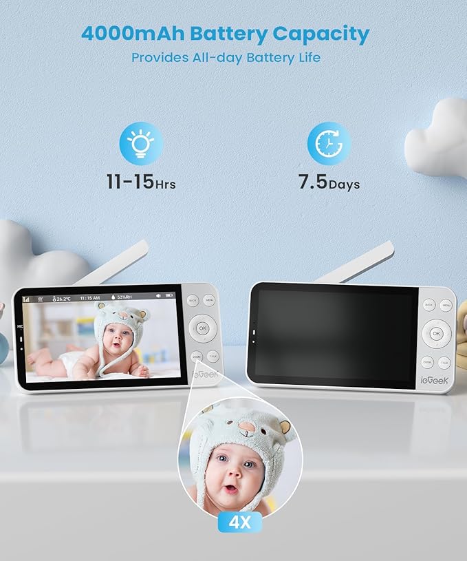 ieGeek 5.5โโ Split-Screen Baby Monitor,2.5K UHD Baby Monitor with 2 Cameras and Audio,Night Light,Prone Sleeping&Cry Detection,Two-Way Talk,Night Vision,2.4G&5Ghz WiFi App Control,4000mAh Battery