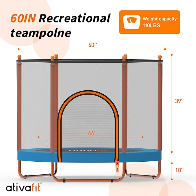 Ativafit 60'' Rebounder Trampoline Indoor Outdoor for Kids Ages 1-8, 5 FT Recreational Toddler Trampoline with Safety Enclosure Net Gifts with Basketball Hoop Dartboard Ocean Bal