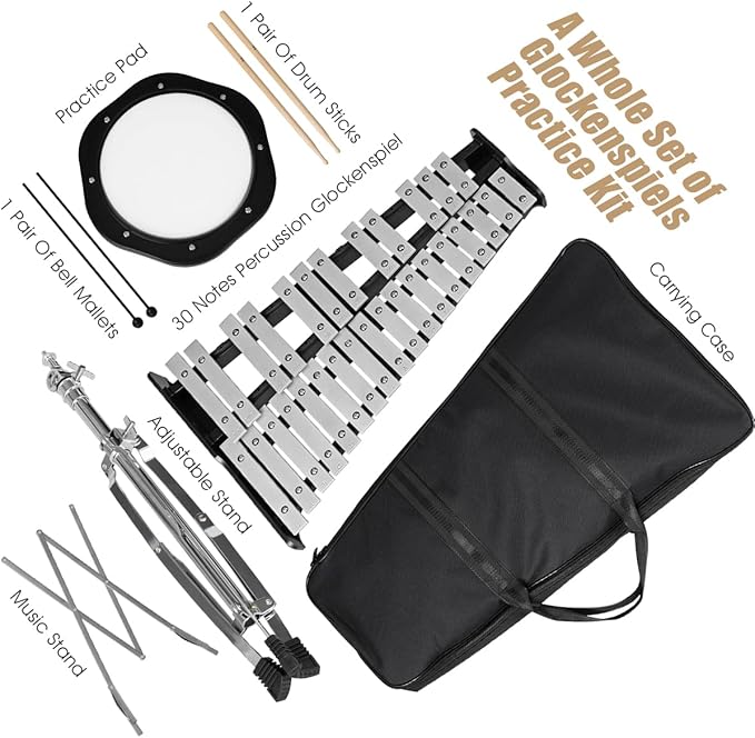 Giantex Percussion Glockenspiel Bell Kit 30 Notes, Xylophone with Adjustable Height Frame, Music Stand, 8" Practice Pad, Bell Mallets, Drumsticks, Carrying Bag, for School Band Beginner Student