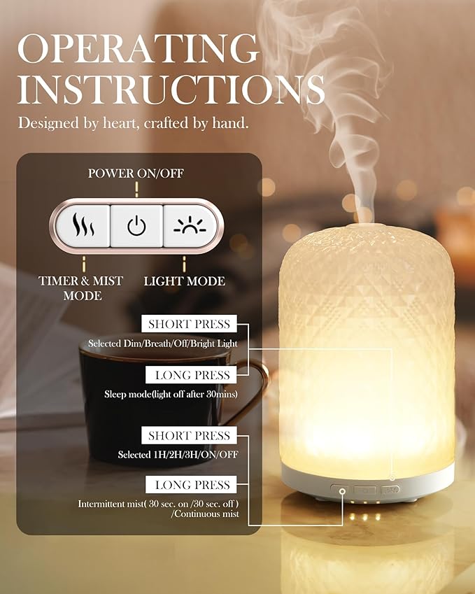 Aromatherapy Diffuser – Ultrasonic Essential Oil Diffuser, Health Night Light, Timer & Auto Shut-Off, BPA-Free, 120ml Diffusers for Home, Office, or Spa
