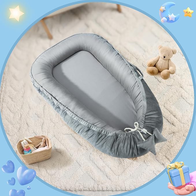 Baby Lounger - Baby Lounger for Newborn 0-24 Months, Breathable & Soft Cotton and Velvet Cover Baby Nest, Portable Tummy Time Lounger for Home and Travel, Ideal Baby Essentials & Shower Gifts