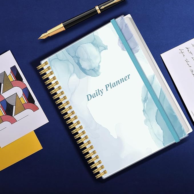 Daily Planner Undated - B5 To Do List Notebook Hourly Schedules, Spiral Appointment Planner for Women and Men, PVC Hardcover, Inner Pocket, Elastic Closure, 7" x 10", Blue Watercolor