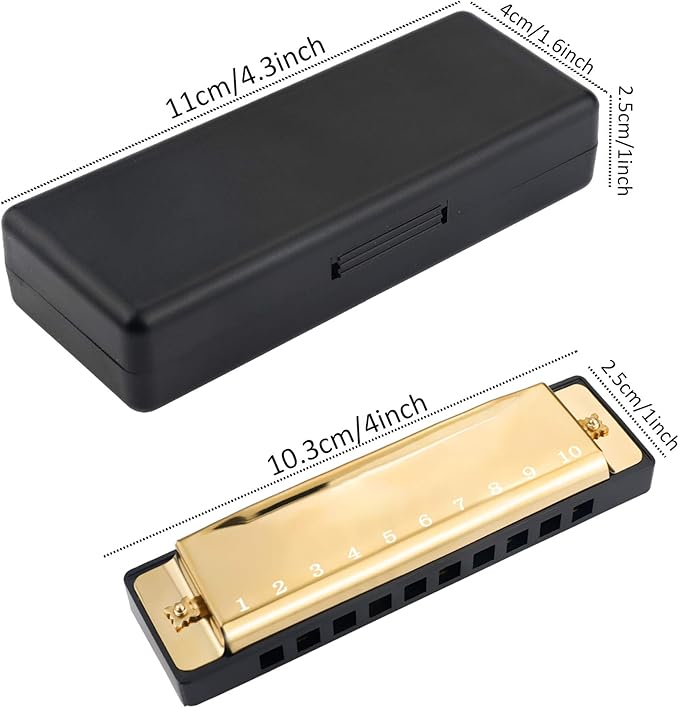 4PCS Key of C 10 Hole 10 Tones Titanium Color Harmonica with Case for Beginner Students Kids(Gold, Purple, Green, Blue)