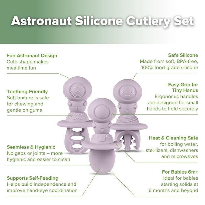 Haakaa Astronaut Beginner Silicone Cutlery Set β Toddler Spoons Self Feeding 6+Months, Baby Led Weaning Supplies, Easy Grip Toddler Utensils, Baby Feeding Essentials