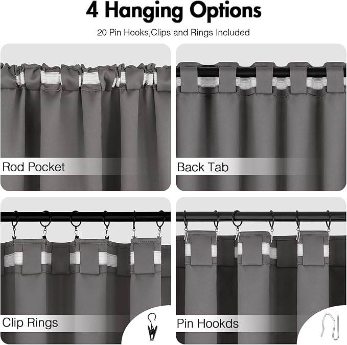ANRODUO Back Tab Blackout Curtains for Bedroom Living Room, Rod Pocket Pinch Pleated Thermal Insulated Room Darkening Curtains 45 Inches Long 2 Panels, Grey, 42 x 45 Inch