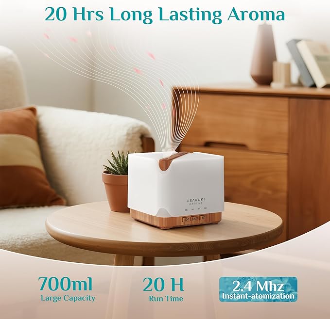 ASAKUKI Essential Oil Diffuser 700ml, Ultrasonic Aromatherapy Humidifier with Top 6 Essential Oils Set, 7 LED Colors, Timer & Auto-Off, Large Room Diffuser