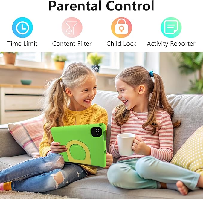 JREN Kids Table 10.1" |Android 14 Tablet for Kids|64GB Storage|Octa-Core|WiFi |Cameras|Parental Control|Kids Content|Case Included Great Gift for Children Ages 3-12 Years Old Green