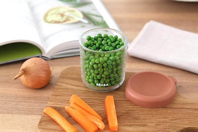 BEABA 8 oz Glass Baby Food Jars with Soft Silicone Air Tight Lids, Glass Storage Containers with Lids, Microwave and Freezer Safe Containers, Terracotta