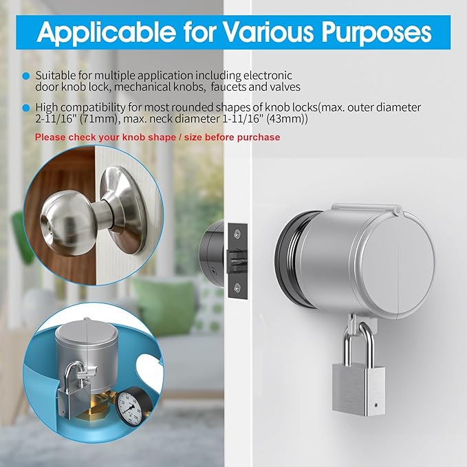 AST Door Knob Lockout Device with SS Padlock and Brass Keys, Childproof Door Knob, Security Lock for Toddler and Dementia Proof, Safety Cover, Doorknob Protection, Matte Silver with SS Padlock