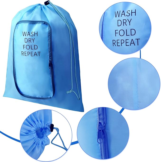 2 Pcs Travel Laundry Bag Washable Dirty Clothes Bag with Drawstring and Zipper for Suitcase, 22 x 18 Inch (Black, Blue,Classic)