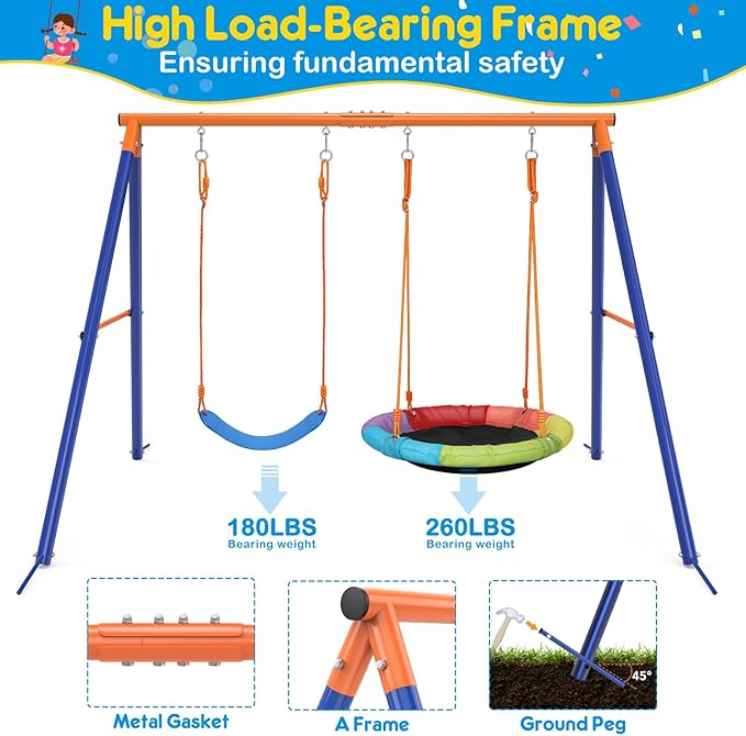 GIKPAL Swing Set with Stand for Kids, Outdoor Swing Sets for Backyard with 32 Saucer and 26.2" Seat, Heavy Duty Metal A-Frame Holds 440 lbs