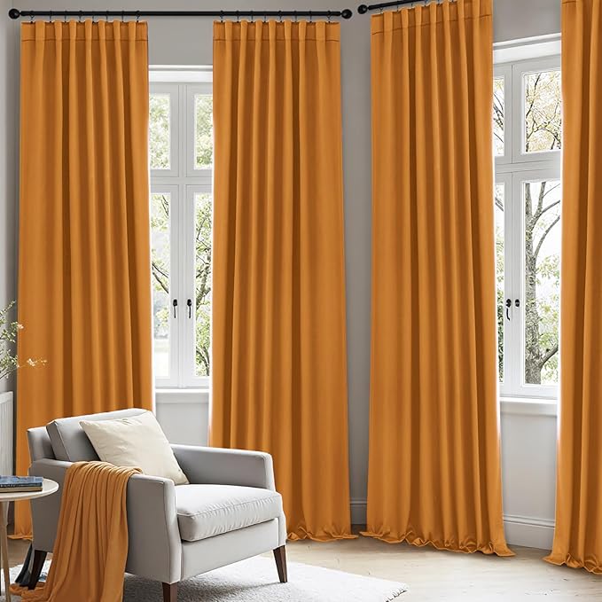 ANRODUO Back Tab Blackout Curtains for Bedroom Living Room, Rod Pocket Pinch Pleated Thermal Insulated Room Darkening Curtains 54 Inches Long 2 Panels, Mustard Yellow, 42 x 54 Inch