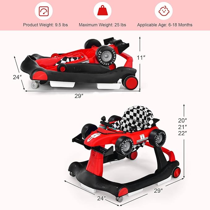 HONEY JOY 4-in-1 Baby Walker, Activity Push Walker w/3 Adjustable Heights, Smooth Wheels w/Adjustable Speed, Padded Seat, Music & Light, Foldable Car Walker for Baby Boys Girls Age 6 Months+ (Red)