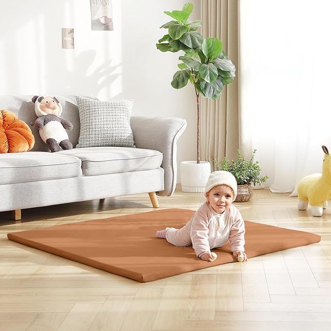 Baby Play Mat 48"x48" – Thick, Non-Slip Foam Mat for Babies and Toddlers. Foldable, Scrubbable, Odorless, and Soft, Ideal for Playpens, Crawling, and Indoor Playtime-Brown