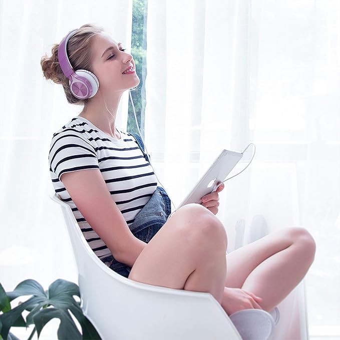 AILIHEN MS300 Purple Girl Headphones Wired with Microphone for Chromebook Laptop Computer, 3.5mm Foldable Lightweight on-Ear Headphones for School Teen Students
