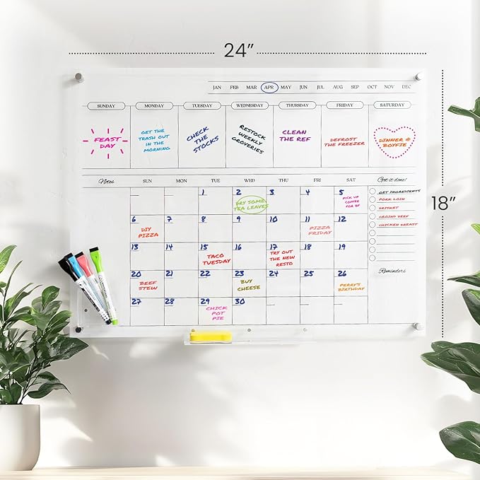 Acrylic Calendar for Wall - 24x18” Wall Calendar, Dry Erase Calender, Clear Calendar for Wall, Includes Magnetic Pen, Tray Holders, 4 Markers and 1 Eraser