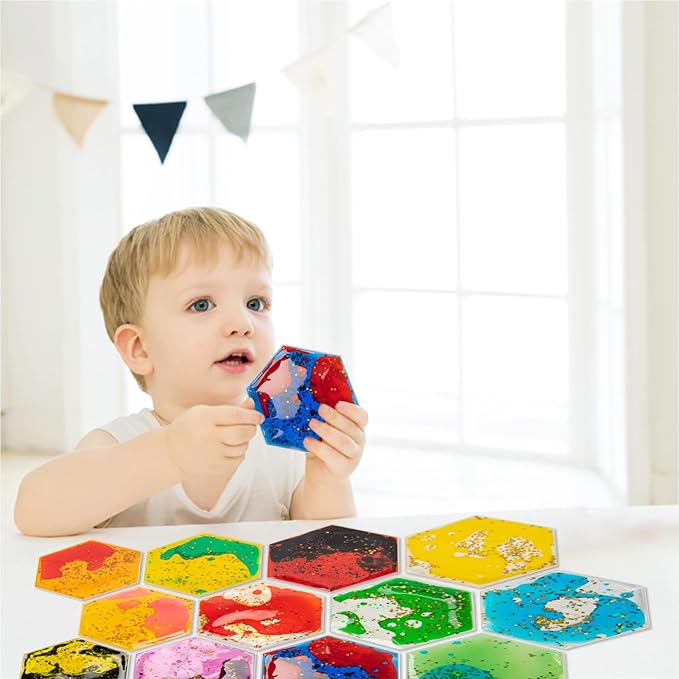 Art3d Hexagon Sensory Fidget Liquid Motion Tiles for Kids, Toddler, Teens - Interactive Soft Gel Liquid Play Mats for Home, Schools, Playrooms, Multi-Pack of 3 Tiles