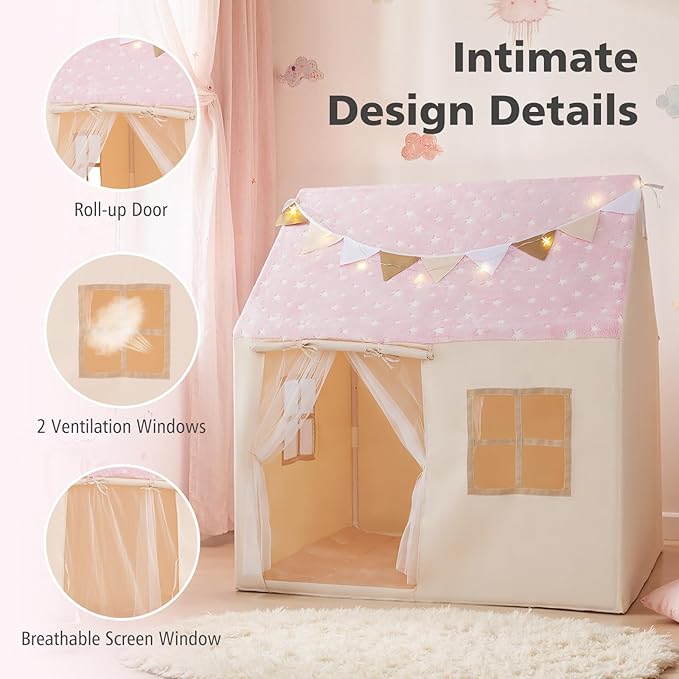INFANS Kids Play Tent with Glow in The DarkWashable Mat Star Light Windows, Anti-Trip Large Playhouse Toys for Children Boys Girls, Indoor Outdoor Princess Tents Castle for Toddlers (Fluorescent Pink)