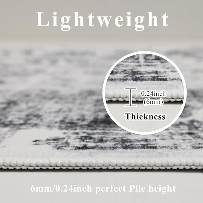 4x6 Washable Area Rug for Living Room, Carpet for Bedroom, Soft Faux Wool Retro Dining Room Rug, Non Slip&Non-Shedding Resistant Low Pile Vintage Print Rug for Home Office (White/Grey)