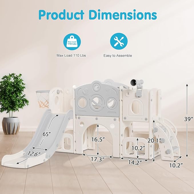 Babytronic Toddler Slide Set, 8 in 1 Kids Slide with Climber, Indoor Outdoor Slide for Toddlers Age 1-3, Toddler Playset with Basketball Hoop and Tunnel, Toddler Indoor Outdoor Playground (White&Gray)