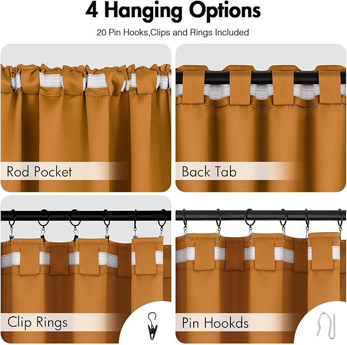 ANRODUO Back Tab Blackout Curtains for Bedroom Living Room, Rod Pocket Pinch Pleated Thermal Insulated Room Darkening Curtains 54 Inches Long 2 Panels, Mustard Yellow, 42 x 54 Inch