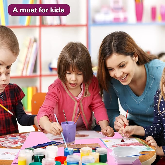 AWOKE Silicone Painting Mat for Table Protection - 20"X16" Washable Art Mat with 1 Water Cup for Kids - Craft Mat has 12 Color Dividers - 2 Paint Palettes (Pink), Toddler Activities, Girl Boy Gifts