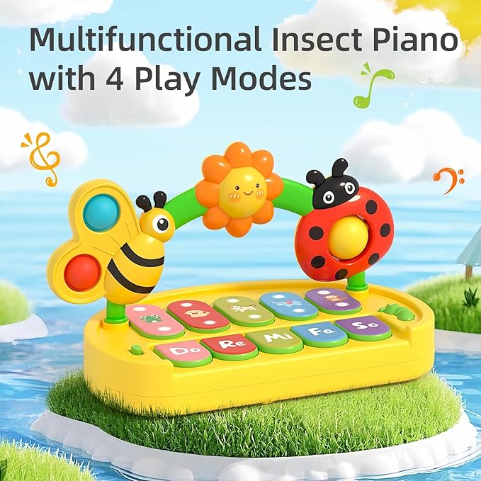 Baby Piano Toy for Kids 0-6-12-18 Months, Light Up Baby Keyboard Musical Toy with Press Pop Bubbles, 4 Modes Toddler Piano for Boys Girls Ages 1-3, Detachable & Portable Infant Toy Gift