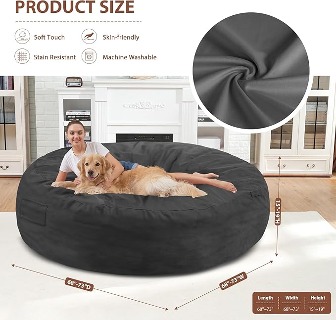 7FT Bean Bag Chair, Large Bean Bag Chairs with Memory Foam Filled, Fluffy Beanbag Sofa with Dutch Velvet Cover, Round BeanBag Chairs for Living Room, Playroom - Grey