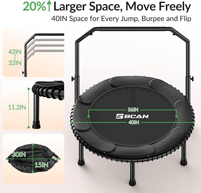 BCAN 40"/48" Mini Rebounder Trampoline for Adults with Bar, 450/550LBS Fitness Trampoline with Bungees, Adjustable Handle, Stable & Quiet, Indoor Outdoor, Whole-Body Workout & Relaxation at Home