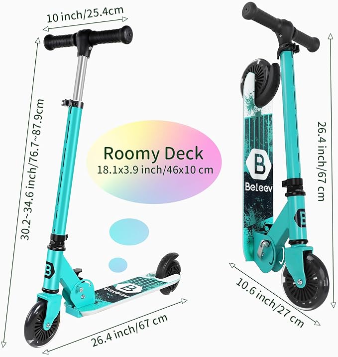 BELEEV V2 Scooters for Kids with Light-Up Wheels & Stem & Deck, 2 Wheel Folding Scooter for Girls Boys, 3 Adjustable Height, Non-Slip Pattern Deck, Lightweight Kick Scooter for Children Ages 3-12