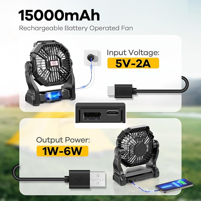 15000mAh Portable Battery Powered Camping Fan - with LED Light, Quiet Battery Operated, Camping Gear for Travel, Tent, Beach, Car or Hurricane Power Outages,Black