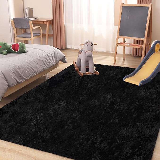 Black Area Rug - 9x12, Soft Plush for Living Room, Bedroom & Nursery, Non-Slip Indoor Carpet for Study, Kids Room Decor