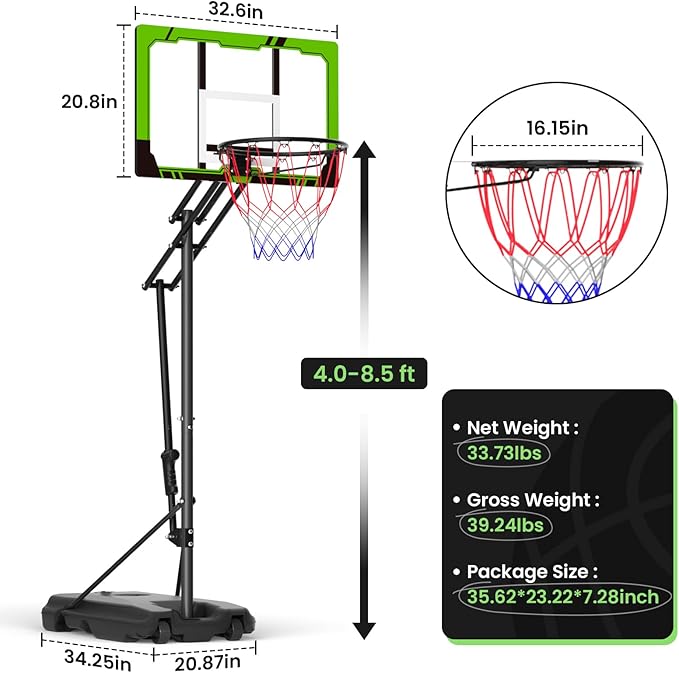 Basketball Hoop Outdoor 10 FT Height Adjustable, Portable Basketball Goals Systems with 45" Backboard for Youth Adults Kids - Backyard, Driveway, Indoor Play