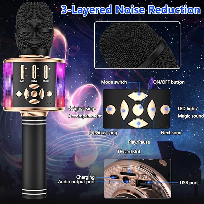 Amazmic Kids Karaoke Microphone Machine Toy Bluetooth Microphone Portable Wireless Karaoke Machine Handheld with LED Lights, Gift for Children Adults Birthday Party, Home KTV(Black Gold)