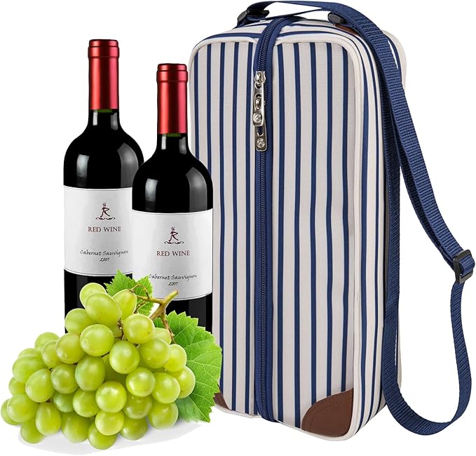 ALLCAMP Wine Tote Bag with Cooler Compartment,Picnic Set Carrying Two Sets of Tableware(Blue Stripe)