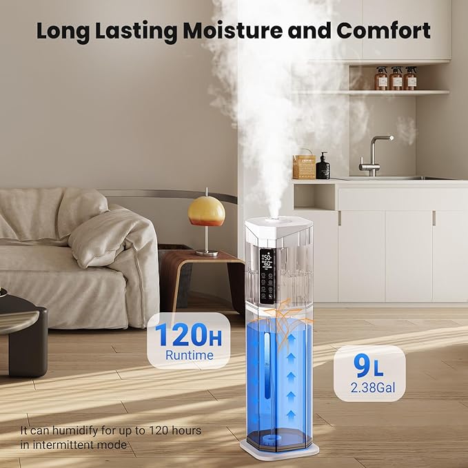 Humidifiers for Bedroom - GloryAir 2.38Gal/9L Top Fill Cool Mist Humidifier for Large Room 500ftΒ² 120H Last with Auto Mode 7-Color Light Humidistat Aroma Box Quiet Humidifiers for Plants Baby & Adults