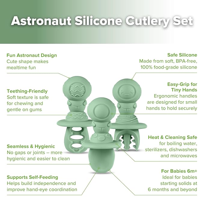 Haakaa Silicone Baby Spoons Self Feeding 6 Months β Baby Utensils with Anti-Choke Astronaut Handle, Easy-Grip, Gum-Friendly, Durable & Safe β Baby Spoons for BLW & First Stage Feeding