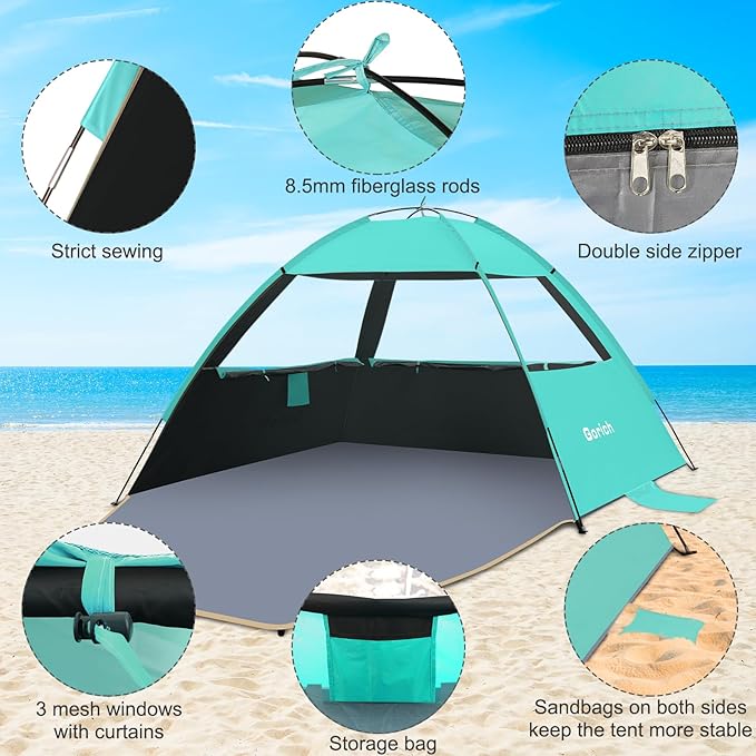 Gorich Beach Tent Sun Shelter for 3/4-5/6-7/8-10 Person with UPF 50+ UV Protection, Lightweight & Easy Setup Beach Shade Canopy, Portable Beach Shade Tent Beach Cabana