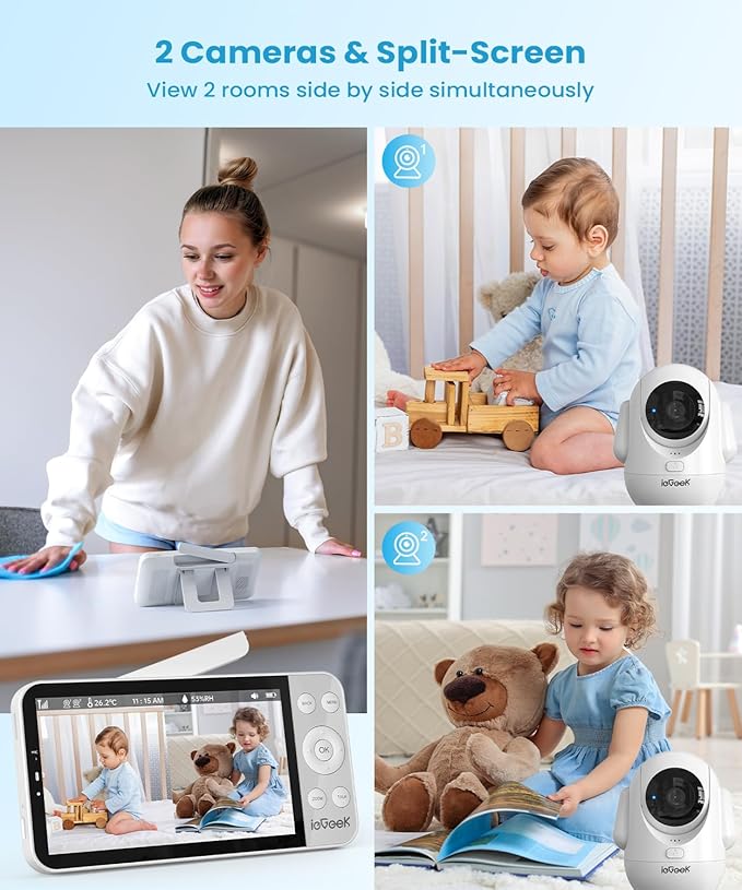 ieGeek 5.5โโ Split-Screen Baby Monitor,2.5K UHD Baby Monitor with 2 Cameras and Audio,Night Light,Prone Sleeping&Cry Detection,Two-Way Talk,Night Vision,2.4G&5Ghz WiFi App Control,4000mAh Battery