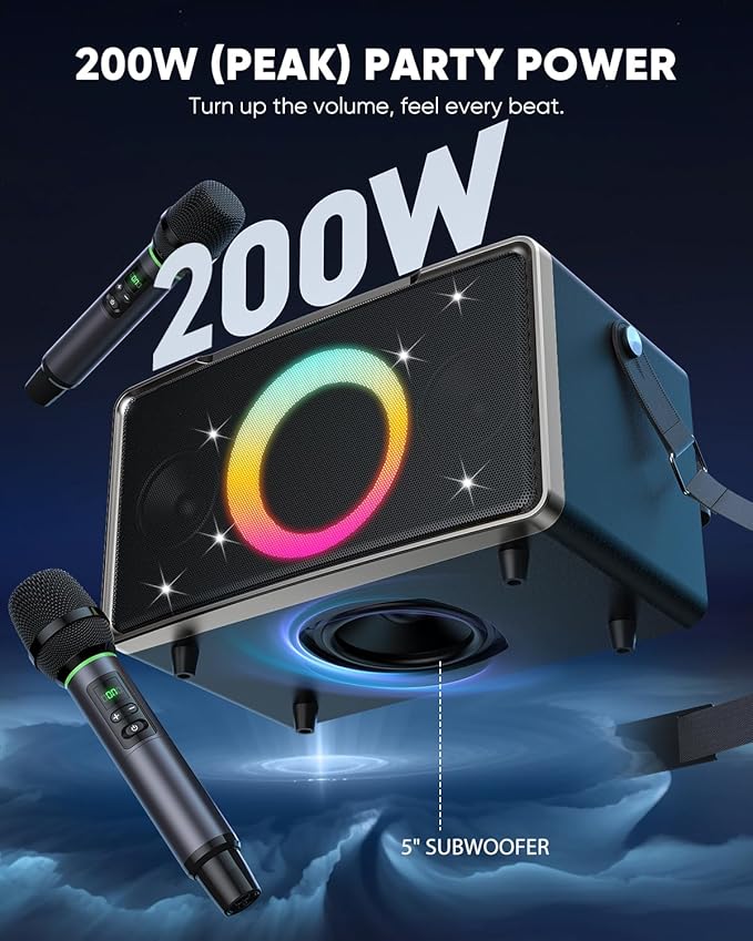 GFEEN Portable Bluetooth Speaker: 200W Peak, 15H Playtime, Wireless Speakers with Microphone, 5″ Subwoofer, Loud Sound, Light Show, Fast Charging for Outdoor, Party, Backyard(Silver with 1Mic)